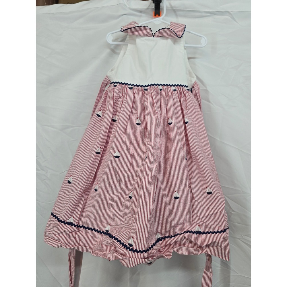 Glorimont Girls Red White Seersucker Sailboat Dress Navy Ric Rac Size 4 USA Made